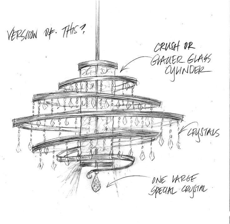 Sketch of a multi-tiered chandelier with crystals and glacier glass cylinders.